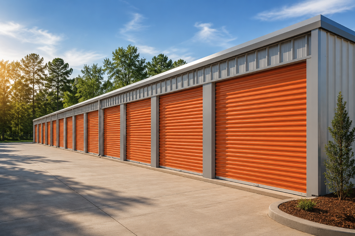 Row of clean self-storage units with roll-up doors at Shield Secure Storage